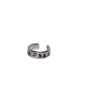 Handmade 9 stamped boho moon & tree silver‎ hypoallergenic adjustable cuff ring